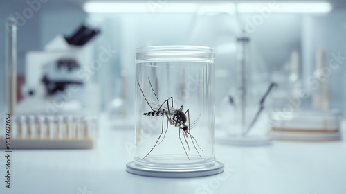 Mosquito specimen preserved in a transparent container inside a modern laboratory, representing entomological research and vector control in disease prevention contexts