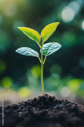 Fresh Green Seedling Emerging from Rich Dark Soil in Nature