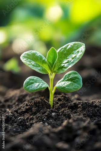 Green Plant Sprout Emerging from Rich Soil Under Natural Light