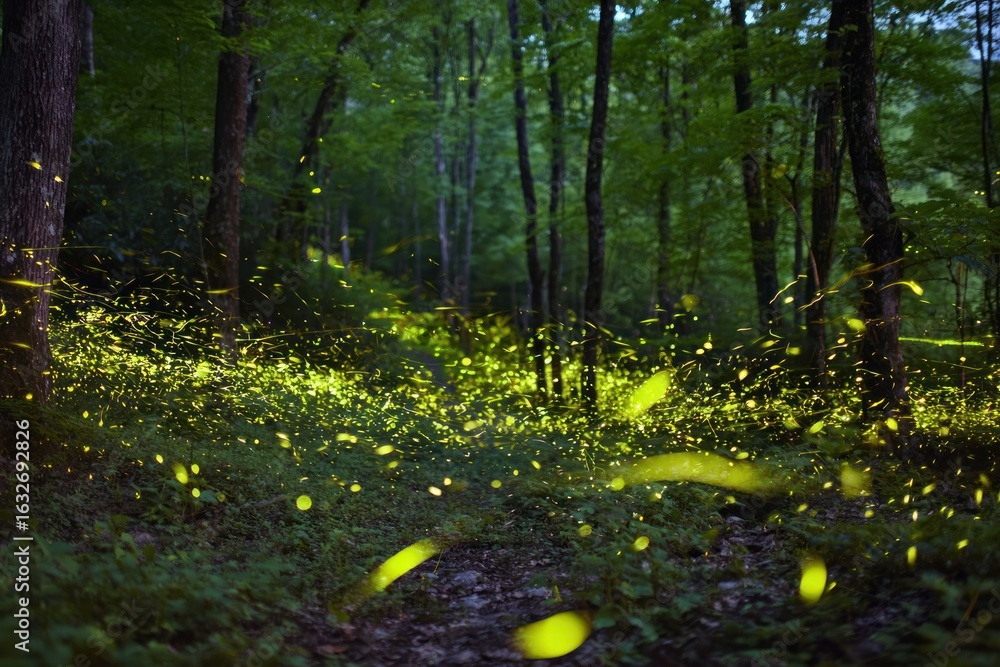 Fototapeta premium Firefly swarm in a lush forest
