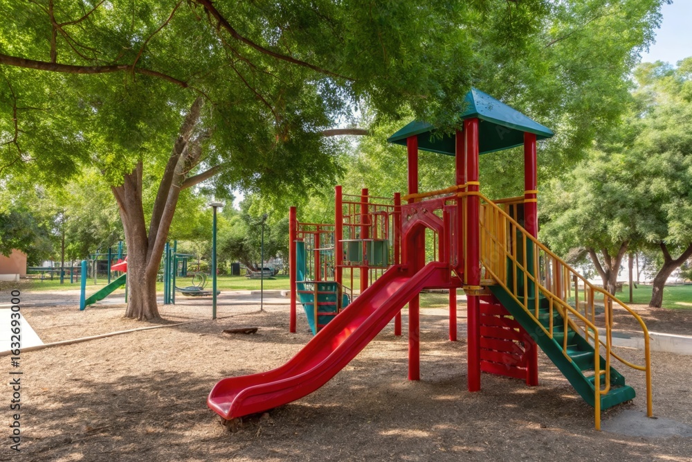Fototapeta premium Vibrant red and yellow playground structure with slides and swings under lush green trees