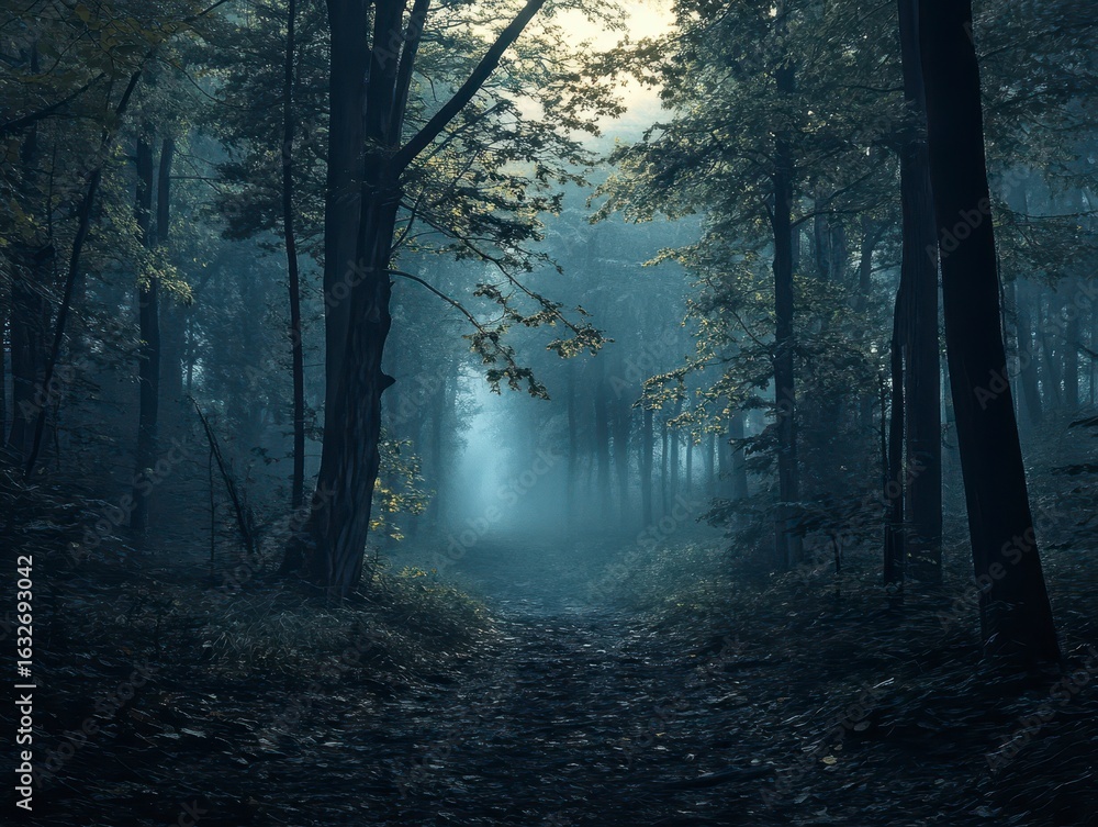 Fototapeta premium Mystical Forest Path with Fog and Soft Light in Autumn Season