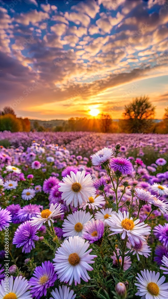 Obraz premium A field of purple and white asters with a soft autumn sunset in the background