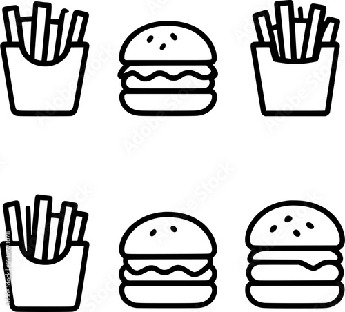 Fries and Burger Black Line Vector Icons Set Fast Food Illustration Collection