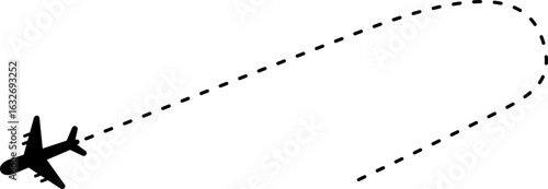 Curved dashed line route with airplane icon, indicating a change in direction