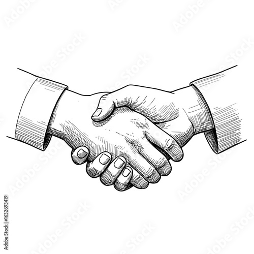 Female handshake illustration, business deal concept – vintage ink sketch doodle black and white vector on white background, engraving woodcut style


