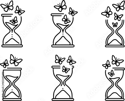 Hourglass with Escaping Butterflies Vector Illustration Set
