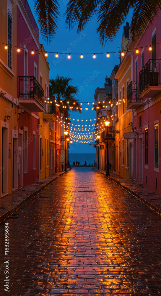 Fototapeta premium A wet cobblestone street lined with colorful buildings and illuminated by string lights at dusk