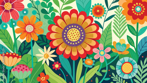 Vibrant floral illustration with detailed flowers and leafy background in bright colors