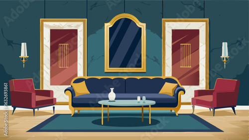 A opulent sitting area with a velvet sofa a marble coffee table and large goldframed mirrors on the walls.