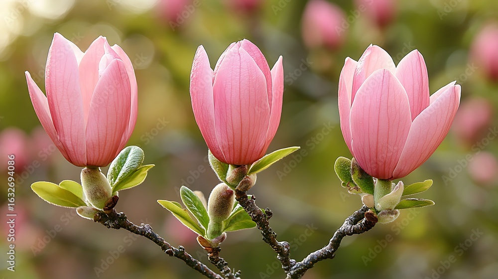 Obraz premium Three delicate pink magnolia blossoms in spring.