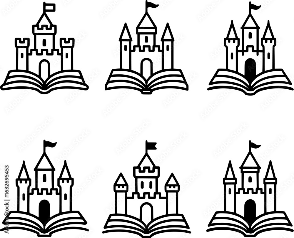 Fototapeta premium Open Book Castle Fantasy Storytelling Vector Set
