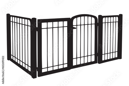 Black pet fence with gate for safe pet confinement and protection of household