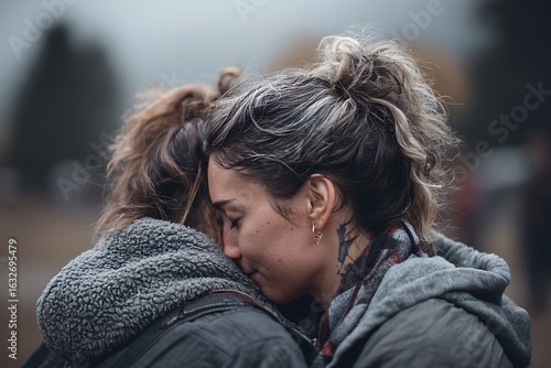 Capture the warmth of friends comforting one another after a disagreement, fostering reconciliation and lasting bonds. This image symbolizes emotional support and the power of forgiveness