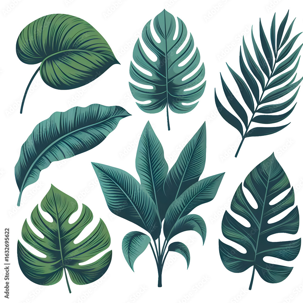 Fototapeta premium Tropical leaf bundle in vector style, green tones with simple shading