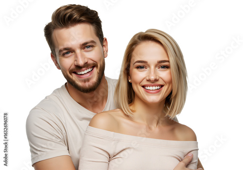 A smiling man with blonde hair embraces a happy woman with light brown hair, both radiating love PNG.