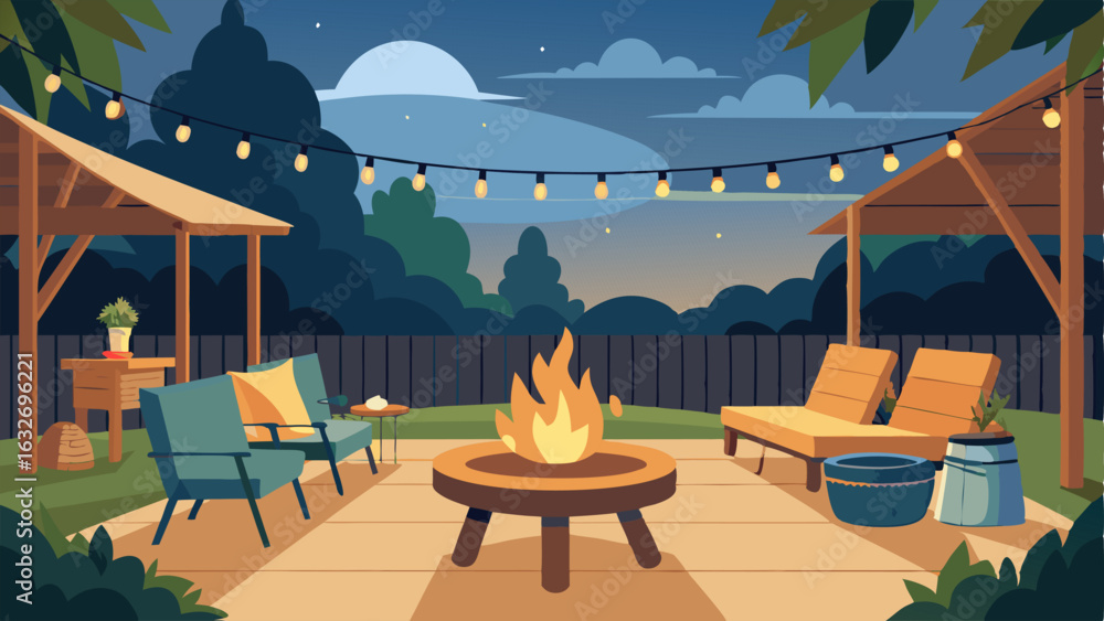 Fototapeta premium An outdoor patio with a mix of wooden and metal furniture string lights and a fire pit for cool evenings.