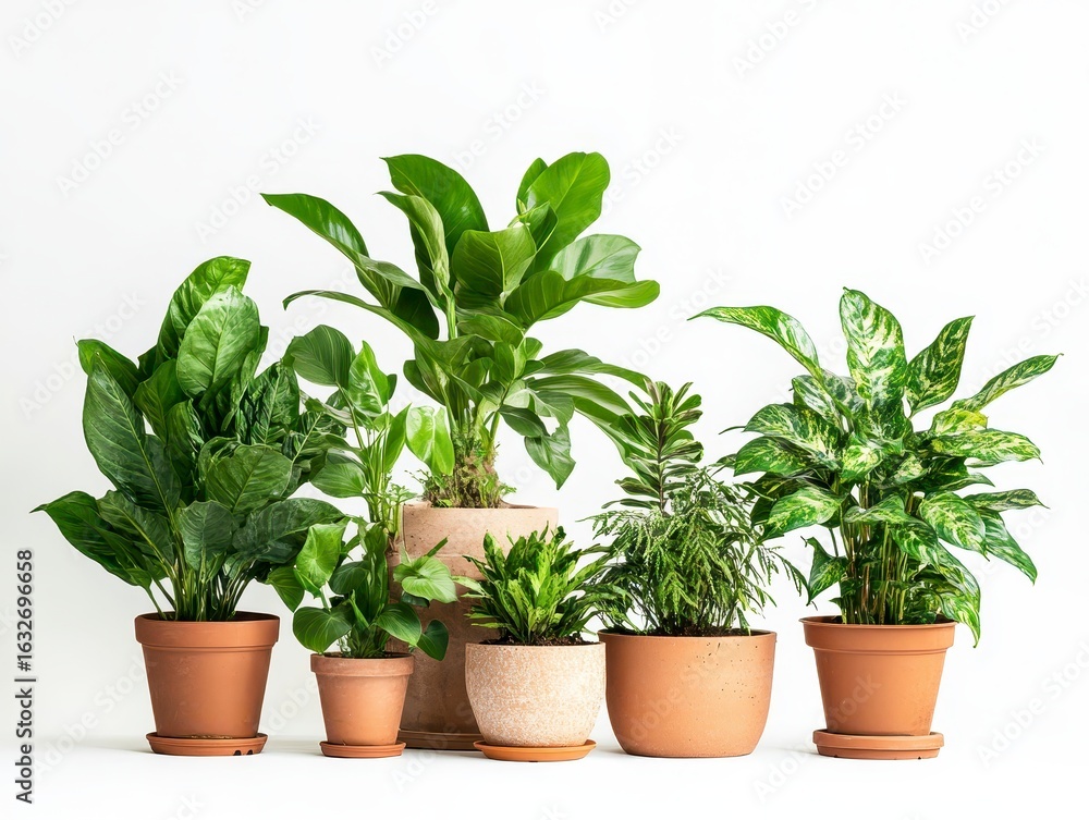 Fototapeta premium Diverse Collection of Indoor Green Plants in Clay Pots on White Background