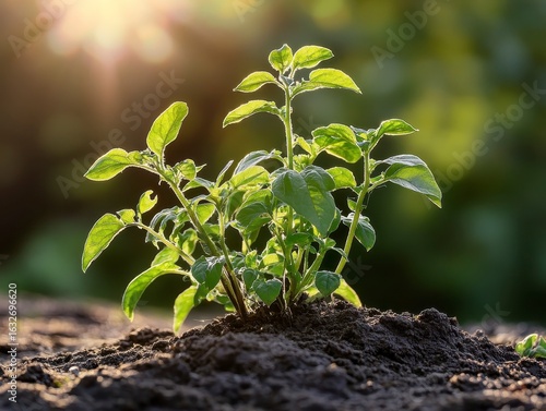 Fresh Green Plant Growing in Soil with Sunlight Background