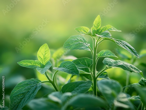 Fresh Green Leaves of Plants in Soft Natural Light Background