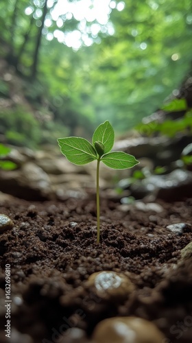 Green Seedling Emerging from Dark Soil in Lush Forest Environment