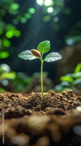 Green Seedling Emerging from Soil in Sunlit Indoor Environment