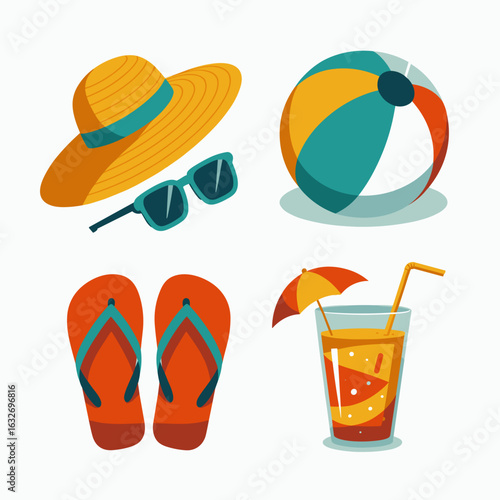 Summer Beach Vacation Icons – Flip-Flops, Hat, Drinks, Ball