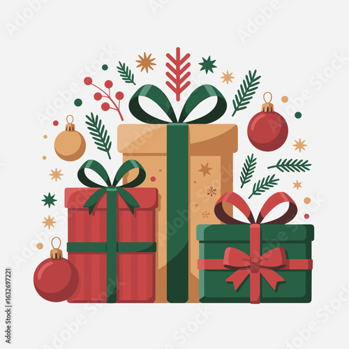 Christmas Gift Boxes with Ribbons and Holiday Ornaments