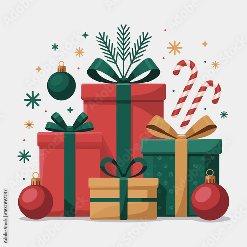 Christmas Gift Boxes with Ribbons and Holiday Ornaments
