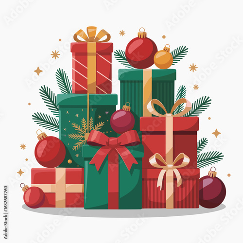 Christmas Gift Boxes with Ribbons and Holiday Ornaments