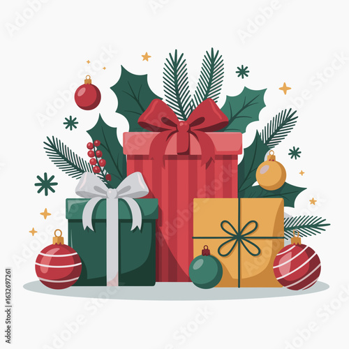 Christmas Gift Boxes with Ribbons and Holiday Ornaments