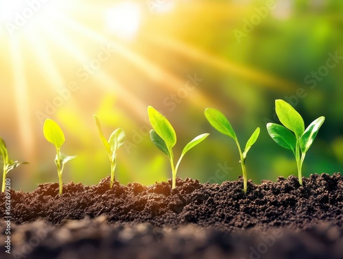 Green Seedlings Growing in Soil Under Bright Sunlight, Nature Focus