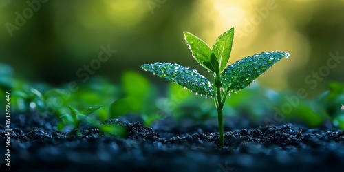 Fresh Green Plant Growing in Soil with Dew Drops at Sunrise