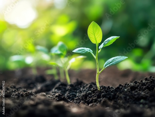 Fresh Green Seedlings Growing in Rich Soil Under Bright Sunlight