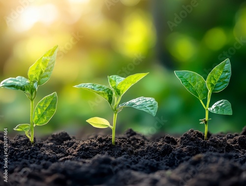 Fresh Green Seedlings Growing in Rich Dark Soil Under Soft Sunlight