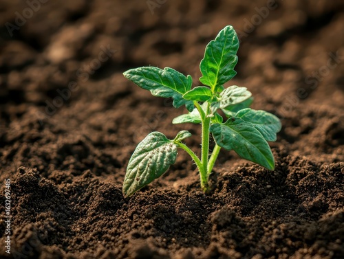 Young Green Plant Emerging from Rich Soil in Natural Environment