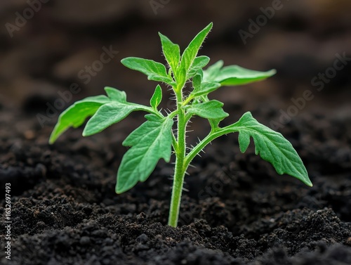 Fresh Tomato Plant Growing Fertilized Soil in Natural Environment