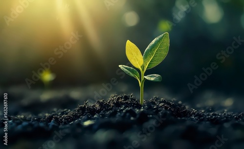 Green Seedling Emerging from Dark Soil Under Soft Sunlight Rays