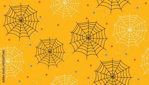 Halloween seamless pattern with spider web and tiny dots on yellow background.
