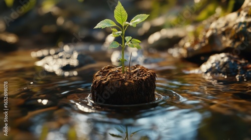 Seedling Sprouting from Soil in Calm Water Environment with Rocks
