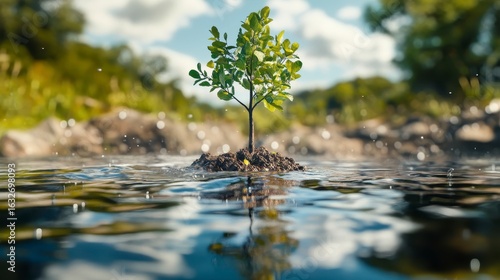 Small Tree Growing in Calm Water Under Bright Blue Sky