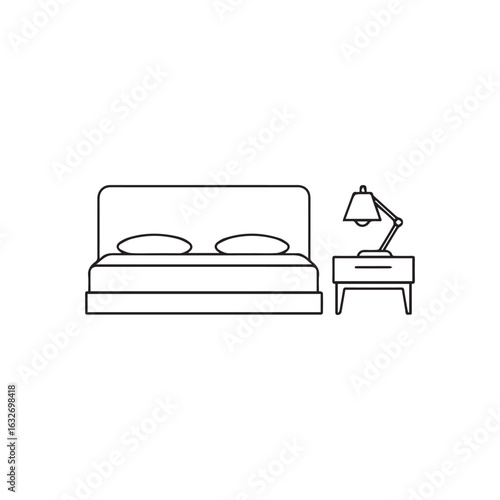 Bedroom Interior Depiction Featuring a Bed with Pillows and a Table with a Lamp in a Line Art Style