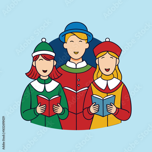 Illustration of three carolers singing from books with festive holiday attire