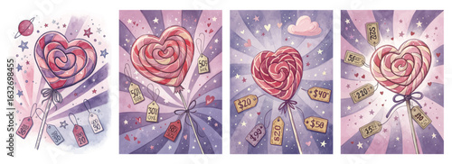Set of four posters with heart-shaped lollipops and whimsical designs