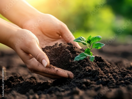 Hands Planting Seedling in Rich Dark Soil with Sunlight Background
