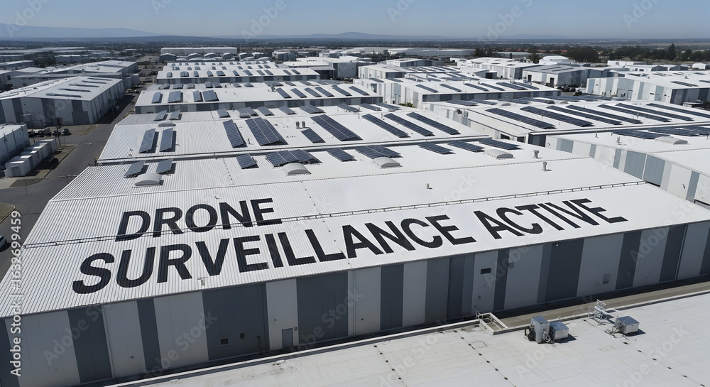 Obraz premium Aerial View Of Drone Surveillance On Industrial Rooftop With Solar Panels