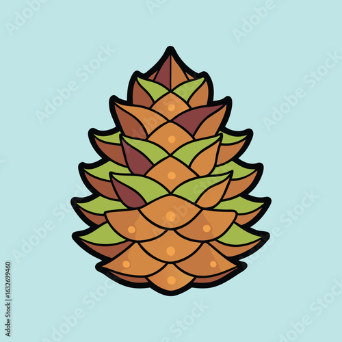 Stylized Illustration of a Pinecone with Earthy Tones on Light Blue Background