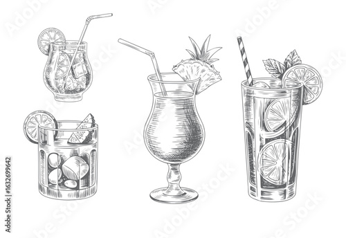 Vintage cocktail glass set with citrus and mint garnish.