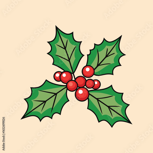 Illustration of classic holiday holly with berries on a light background