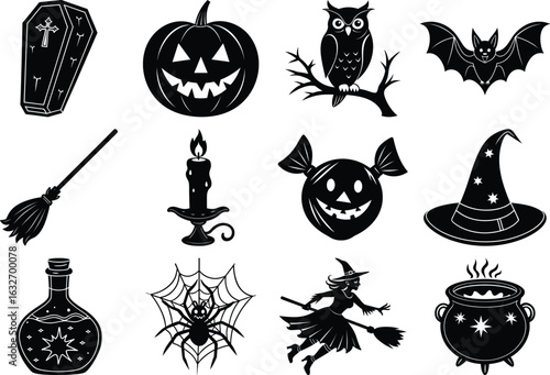 Halloween icon set of  silhouette vector on transparent background.owl,witch & more